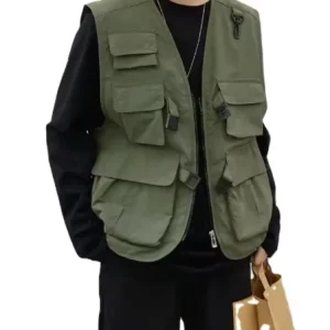 Men’s Casual Canvas Sleeveless Jacket Hip Hop Style Multi Pocket Outdoor Vest Breathable and Waterproof