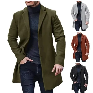 Men’s Casual Coat Single Breasted Long Trench Coat Solid Color Long Winter Coat for Men