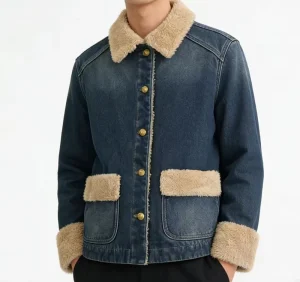 Men’s Casual Denim Jacket Fleece Collar Breathable Windproof Pockets Stonewashed Distressed Vintage Winter 100% Cotton