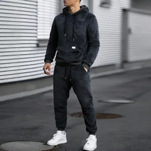 Men’s Casual Double-Faced Fleece Hoodie Drawstring Pants 2-Piece Warm Pullover Outdoor Sports Knitted