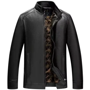 Men’s Casual Front Logo PU Leather Blouson Turn-down Collar Woven Eco-Friendly High Street Fashion