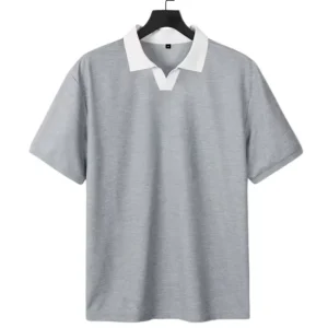 Men’s Casual Grey Polo Shirt Short Sleeve V Neck Contrast Collar Business Golf Polo Summer Solid Knit Tops for Men