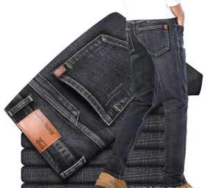 Men’s Casual High Waist Straight Jeans Streetwear Washed Solid Digital Print Winter Autumn Spring 100% Cotton