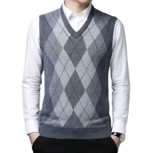 Men’s Casual Knitwear V Neck Sleeveless Slim Fit Argyle Pullover Knitted Sweater Vest