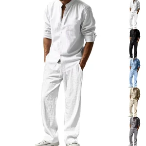 Men’s Casual Linen Shirt Two Piece Set Solid Color Long-Sleeved Shirt and Pants Breathable Shirt Suit for Beach