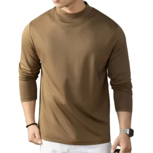 Men’s Casual Liquid Ammonia Mercerized Cotton Long-Sleeved T-Shirt Solid Color Half-High Collar Embroidered Blank Worsted