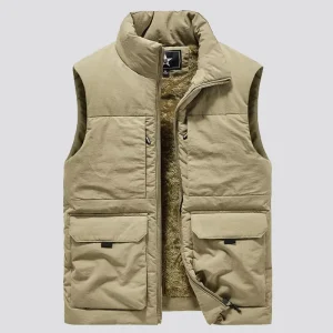 Men’s Casual Loose Fit Fleece-Lined Thickened Vest Autumn Winter Outdoor Workwear Warm Multi-Pocket Vest Jacket
