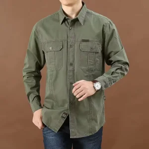 Men’s Casual Loose Long sleeved Pocket Style New Large Size Solid Color Autumn Work Shirt