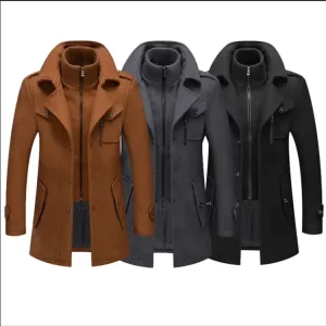Men’s Casual Medium Length Cotton Thickened Autumn Winter Double Collar Wool Overcoat