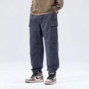 Men’s Casual Mid Waist Cargo Jogging Work Pants with Zipper Fly Double Knee and Multi Pocket Loose Fit Twill Trousers