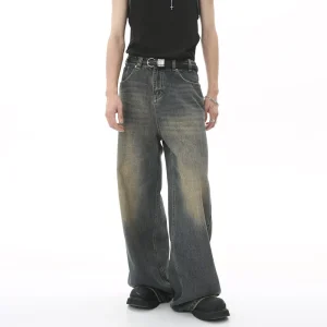 Men’s Casual Mid Waist Cotton Denim Jeans Retro Hong Kong Style Distressed Loose Wide Leg Floor Length In Stock