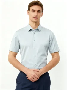 Men’s Casual Office Dress Shirts Short Sleeve Cotton Fabric Breathable Button Custom Logo Embroidered