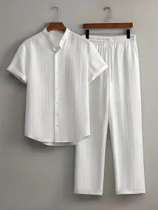 Men’s Casual Outfit Solid Color Textured Short Sleeve Button Down Shirt and Long Drawstring Pants Summer