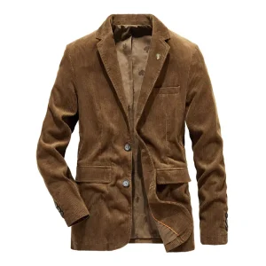Men’s Casual Outwear Slim Fit Corduroy Blazer, Single Breasted V Neck Jacket Coats