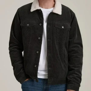 Men’s Casual Plush Corduroy Jacket Long Sleeve Lapel Coat Embroidery Decoration Loose Fit Unhooded for Winter