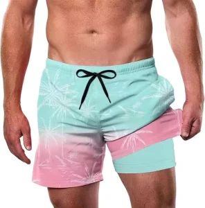 Men’s Casual Print Quick Dry Bathing Suit Lightweight Compression Liner Shorts Polyester and Spandex Plus Size Swimwear