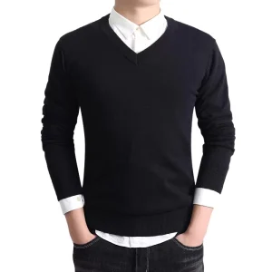 Men’s Casual Pullover Cable Knitted Sweater Autumn Winter V Neck Undershirt with Anti Shrink Feature Solid Color