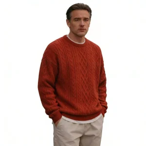 Men’s Casual Red Cable Knit Crew Neck Sweater Relaxed Fit Soft Retro Knitwear Business Pullover for Men