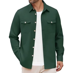 Men’s Casual Shirt Jacket Green Long Sleeve with Multiple Pockets
