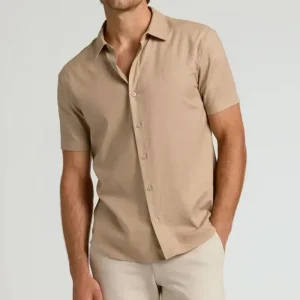Men’s Casual Shirt Men’s Clothing Men’s Light Khaki Slim-Fit Short-Sleeve Button-Up Shirt