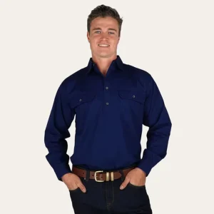 Men’s Casual Single Breasted Work Shirt Half Button Long Sleeve 100% Cotton Washed Twill Style for Work Shirt