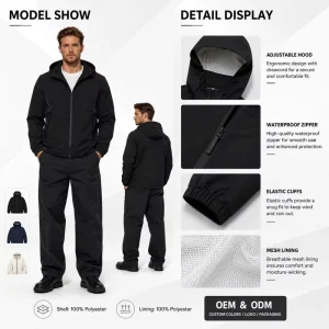 Men’s Casual Slim Fit Long Sleeve Hooded Jacket Breathable Waterproof Quick Dry Zip Drawstring Stand Collar Vintage Style Letter