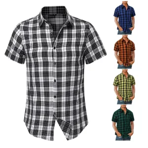 Men’s Casual Slim Fit Short Sleeve 5 Button Down Cotton High Collar Shirt