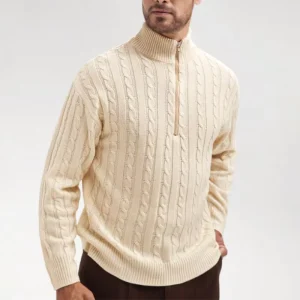 Men’s Casual Solid Color Cable Knit Sweater Front Half Zip Long Sleeve Pullover