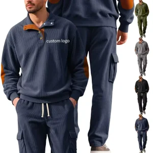 Men’s Casual Sports Lapel Long Sleeve Two Piece Set Loose Corduroy Cargo Outfit