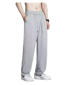 Men’s Casual Sports Pants Autumn Lightweight Elastic Waist Closure Flat Front Style Straight Leg Mid Loose Fit Quick Dry