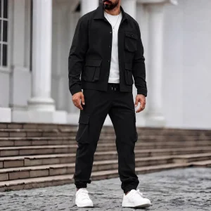 Men’s Casual Sportswear Set Spring autumn Multi pocket Long sleeved Top and Pants Loose Daily Wear Clothing