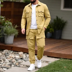 Men’s Casual Sportswear Workwear Two Piece Set Trendy Long Sleeved Shirt Woven Leggings Fashionable Autumn Sportswear Suit 100%