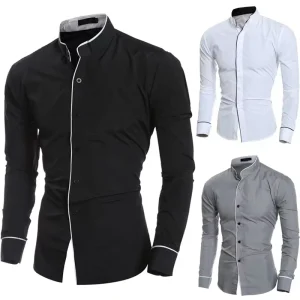 Men’s Casual Stand Collar Long Sleeve Slim Fit Shirt
