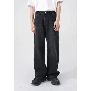 Men’s Casual Straight Black Gray Wide Leg Jeans New Style Mid Waist Fashion for Autumn Season Medium Wash Denim
