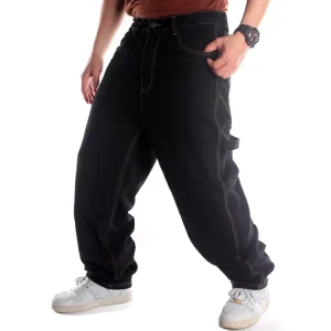 Men’s Casual Style Old School Baggy Jeans Pants Hip Hop Loose Fit with Straight Pattern Garment Dyed Techniques