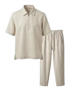 Men’s Casual Summer Shirt and Pant Set Linen Short Sleeve Polo Shirt