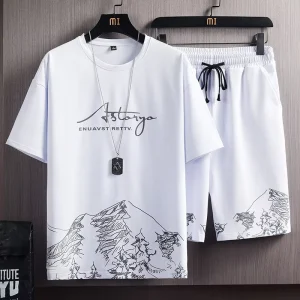 Men’s Casual Summer Solid Short-Sleeved T-Shirt Suit Korean-Style Slim-Fit Plus Size Sports Two-Piece Set Snow Mountain