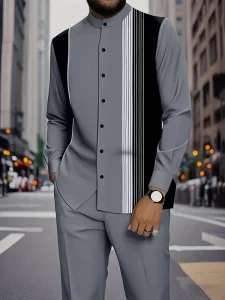 Men’s Casual Summer Street Style Round Neck Buttoned Long Sleeve Shirt & Trousers Set Digital Print Outdoor Sports