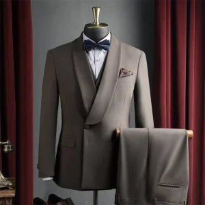 Men’s Casual Three Piece Shawl Collar Suit Set Groom’s Outfit with 300 Grams Worsted Fabric Solid Pattern Digital Printing