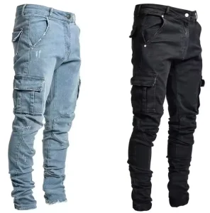 Men’s Casual Trousers Worn Out Large Size Clothing Slim Fit Tight Micro-elastic Cargo Fat Jeans Men