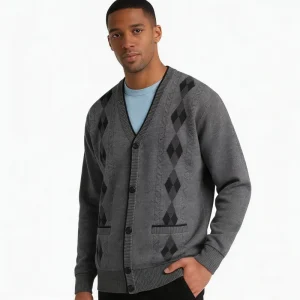 Men’s Casual V Neck Argyle Knit Cardigan Soft Button Front Pocketed Knitwear for Everyday Fall Winter Wear