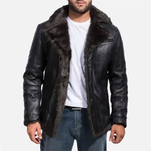 Men’s Casual Warm Thick Synthetic Fur Black Leather Coat