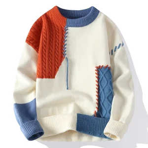 Men’s Casual Winter Knitwear Sweater Lapel Logo Decoration American Style Patchwork Design