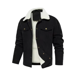 Men’s Casual Winter Warm Corduroy Jacket Sherpa Lining Denim Trucker Work Coat with Cotton Turn-Down Collar Button Closure