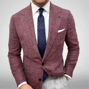 Men’s Checked Long Sleeve Suit Blazer Jacket Formal Woven Plus Size Men’s Suits Coat
