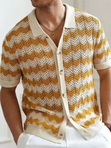 Men’s Chevron Hollow Out Knit Polo Shirt Button-Down Crochet Open Knit Short Sleeve Summer Custom Knitwear Top