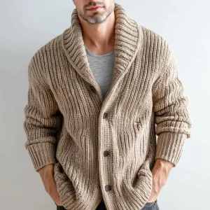 Men’s Chunky Knit Wool Blend Shawl Collar Cardigan Warm Button Down Sweater for Cozy Winter Style