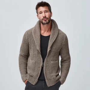 Men’s Chunky Knit Wool Blend Zip-Up Sweater with Shawl Collar Cozy Winter Knitwear