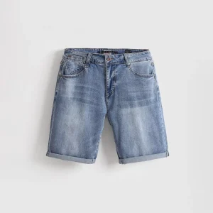 Men’s Classic Mid Wash Denim Shorts American Vintage Workwear Style Casual Bermudas Rolled Cuff Durable Fabric