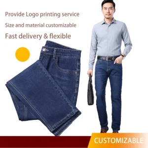 Men’s Classic Straight Jeans Durable Elastic Fabric Mid Waist Formal Slim Fit Comfortable Winter Light
